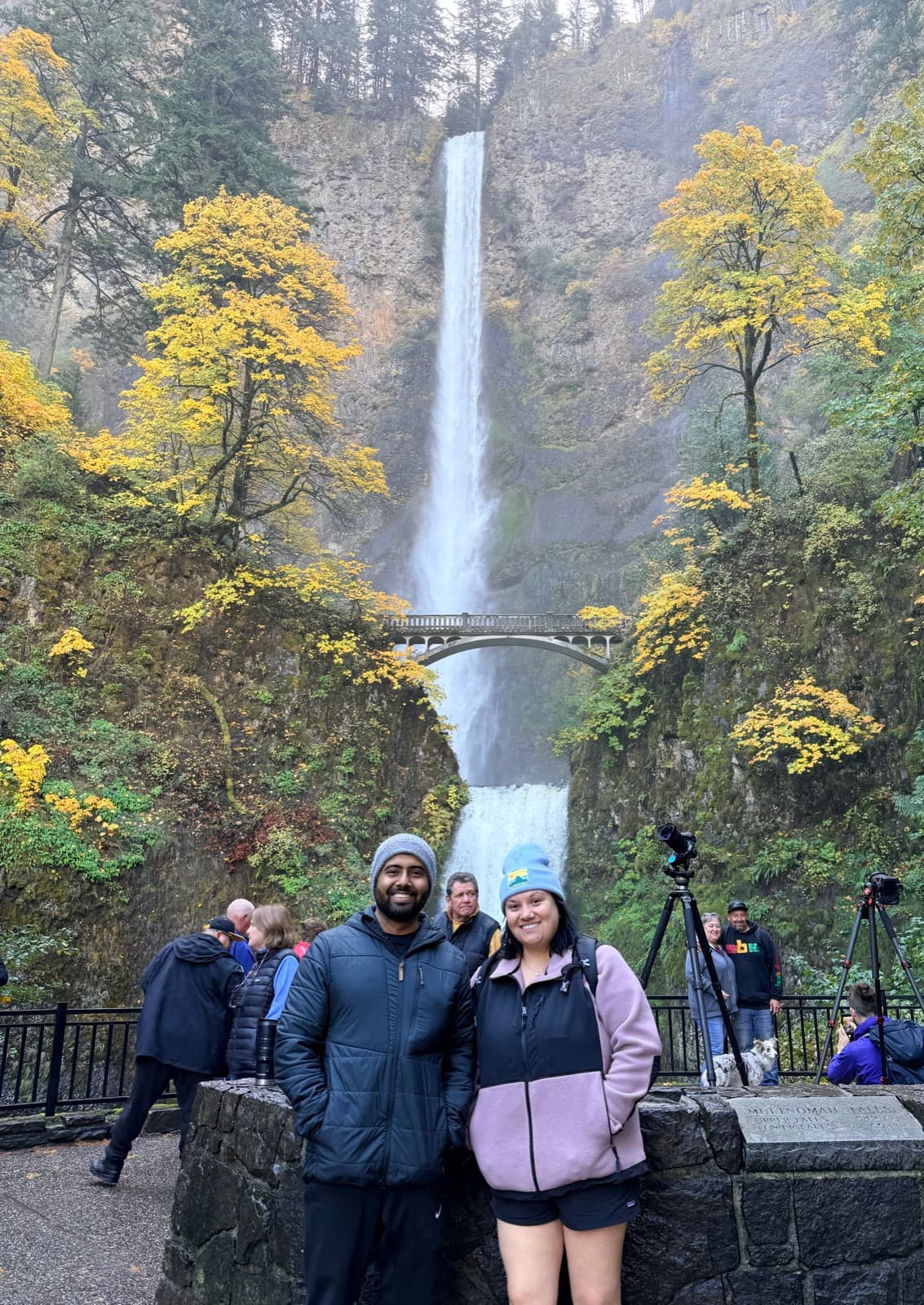By a waterfall